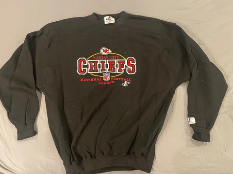 Vintage 90s Kansas City Chiefs Sweatshirt Black Crewneck Large Embroidered Chest Cover