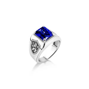 Blue sapphire scottish men ring in sterling silver, Rampant lion men ring Gifts - Picture 1 of 2