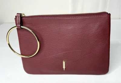 Thacker Burgundy Leather Wristlet Clutch Bag Gold Ring Handle Zip Pouch - Image 1 of 4
