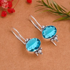 Teal Tourmaline Gemstone 925 Sterling Silver Jewelry Earring, Beautiful Earring - Picture 1 of 4