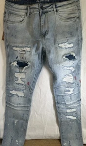 Crysp Denim Men's Skywalker Biker indigo Paint Splatter Jeans Distressed Rips 36 - Picture 1 of 13
