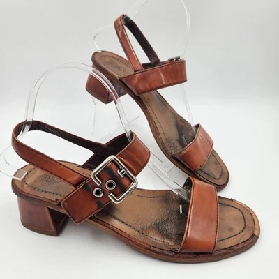 Prada Sandals Womesn Brown Leather Block Heel Slingback Sz 8.5 Destroyed Vintag - Image 1 of 4