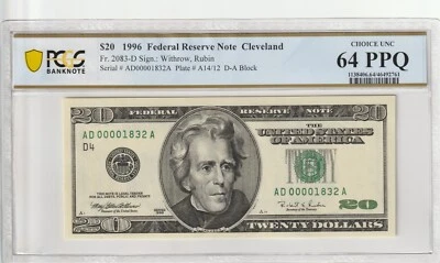 $20 1996 FRN Fr# 2083-D ADA Block PCGS Gem UNC 64 PPQ Cleveland Low Serial # - Image 1 of 2