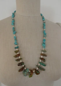 Vintage Navajo Sterling Silver 925 Beaded & Turquoise Gemstones Nuggets Necklace - Picture 1 of 6