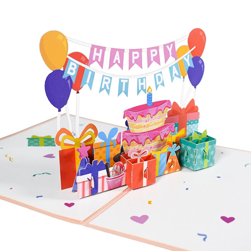 Happy Birthday 3D Pop Up Greeting Card Birthday Gift Cake Friend Family KIDS