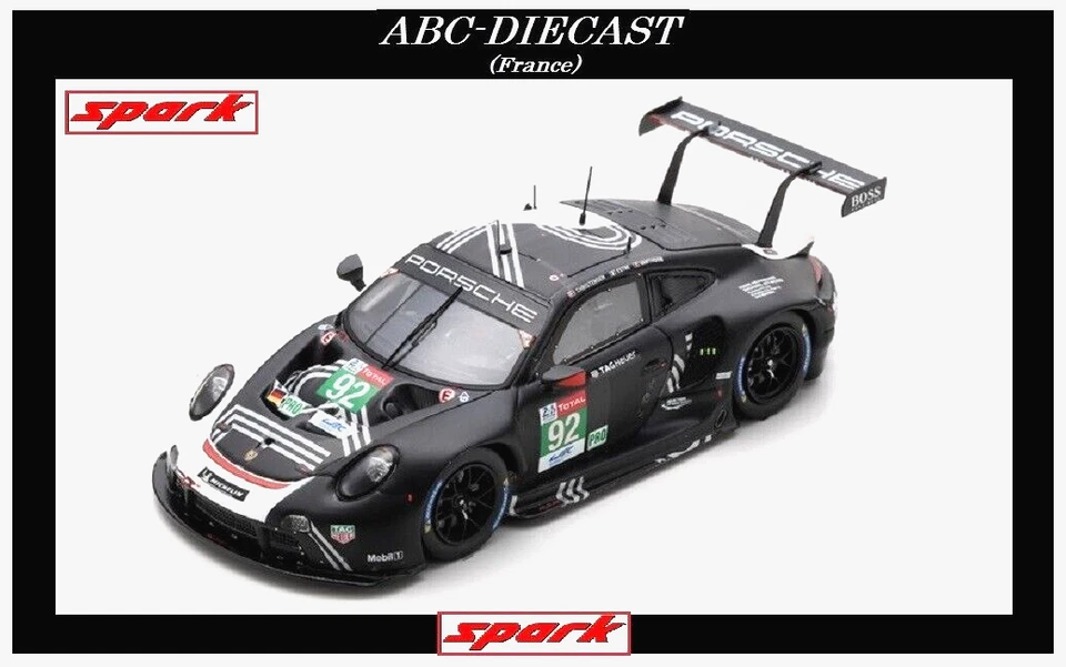 Spark Porsche 911 RSR-19 No.92 Porche GT Team 24H LeMans 2020 - M. Christensen, K. Estre et L. Vanthoor Echelle 1:43 Voiture Miniature - Noire/Blanche (S7984)