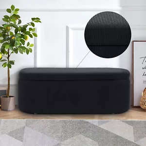 45" Corduroy Cloth Storage Ottoman End Of The Bed Stool Oval Black Stripe Style - Picture 1 of 12