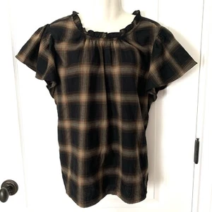 Time & Tru Top Women’s L Plaid Round Ruffled Neck Cap Sleeve Blouse Black Brown - Picture 1 of 7