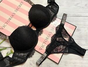 Victoria's Secret Shine Strap SEXY Rhinestone Push-Up Bra Thong Set Black Lace