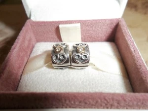 Genuine Authentic Pandora Silver, 14ct Gold & Diamond Clip Charms PAIR 790382D - Picture 1 of 3