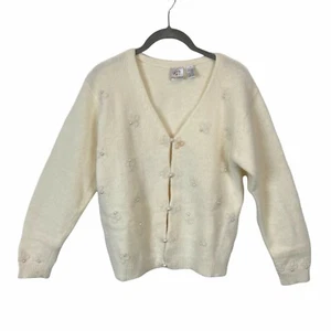 MJ Carroll Cardigan Sweater Women's Size Small Vintage 80s Cream Beaded Preppy - Picture 1 of 7