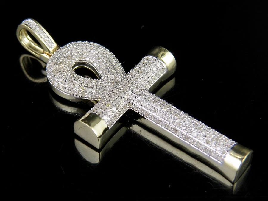 Colgante de diamantes genuinos con cruz de Ankh puff de oro amarillo de 10 quilates para hombre de 0,55 quilates 1,8" Foto 1 de 4