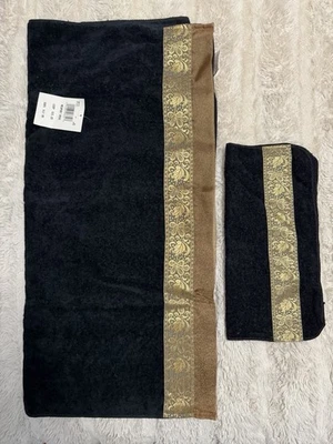 Juego de toalla de baño y trapo Avanti NEWPORT ROSA NEGRO Y DORADO ~ Bordado 💯% Algodón ~ NUEVO Foto 1 de 4