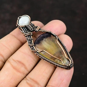 Natural Multi Fluorite Rainbow Moonstone Copper New Wire Wrapped Pendant Jewelry - Picture 1 of 7