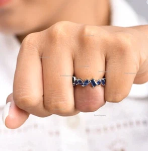 Multi Shape Natural Blue Sapphire Zig- Zag Band Ring 14k Yellow Gold Handmade - Picture 1 of 7