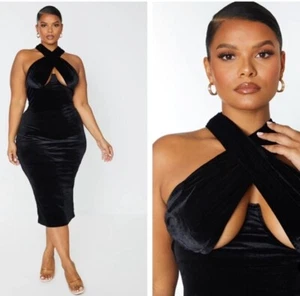 NWT Pretty Little Thing Black Velvet Underboob Front Evening Party Dress Sz 24 - Picture 1 of 9