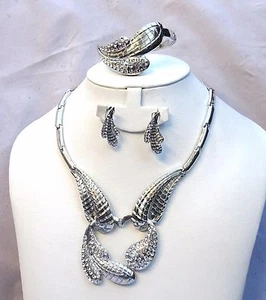 Unique Silver Plated Necklace Party Bridal Earring Bracelet Rings Jewelry Set  - Picture 1 of 7
