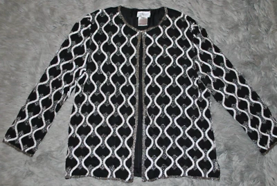 Chaqueta Blazer PAPELL BOUTIQUE Noche Negro Blanco Plata Lentejuelas Cuentas Talla XL Foto 1 de 4