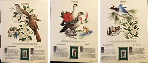 Panel de estampillas conmemorativas de 3 aves/flores estatales como nuevas GA,HI,ID 1984 EX RESCATE DE MASCOTAS - Imagen 1 de 4