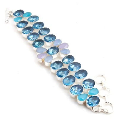 Top Quality Aquamarine Calcite Handmade Gemstone Bracelet Jewelry Size 8 Inch - Image 1 of 3