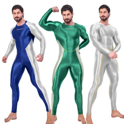 AMORESY Men's Shiny Tracksuit Jumpsuits Tights Overalls Bodysuit Spandex Fitness - Image 1 of 4