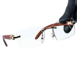Vintage Rimless Wood Gold Frame Retro Hip Hop Mens Clear Lens Glasses - Picture 1 of 6
