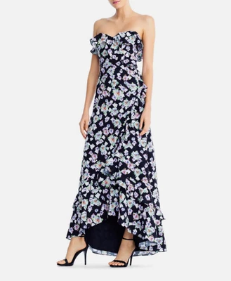 Aidan Mattox Strapless Floral Maxi Dress Women's 12 Black Hi-Low Ruffle Party - Image 1 of 4