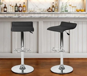 Set of Two Black and Silver Faux Leather and Metal Low Back Adjustable Height... - Picture 1 of 8