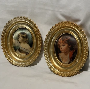 Italy Oval Gold Frames Silk Cushion Prints Boy Girl Color - Picture 1 of 11