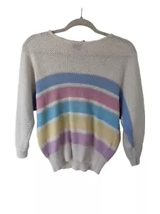 Vintage Top Priority Connection Open Knit Sweater Striped 80s Pastel Size L - Picture 1 of 10
