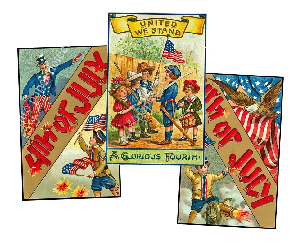 Vintage Fourth of  July Holiday Sticker REPRODUCTIONS, Set of 3, 3.5 x 5.5" Each - Image 1 of 1