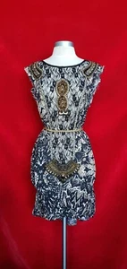 Vestido Haute Hippie Negro Beige Marrón Seda Encaje Cuentas Estampado Aleta Talla S - Imagen 1 de 8