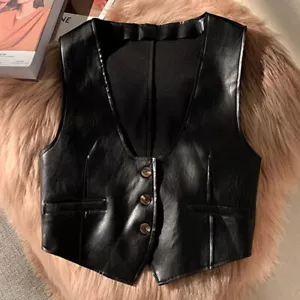 Lady Gilet Waistcoat Vest Top PU Faux Leather Sleeveless Top Retro Button Slim - Picture 1 of 13