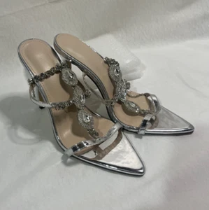Silver Sling Back Heels - Kitten Heel - Open Toe - Size 41 - New Never Worn - Picture 1 of 4