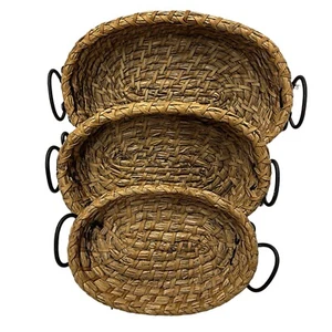 Vintage Handmade Grass Weave Tray Basket (set of 3) Metal Handles Rustic Boho - Picture 1 of 7
