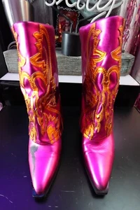 Women's Fushia/Orange Metallic Leather 2 " Wedge Heel Cowboy Boots Size 6 - Picture 1 of 11