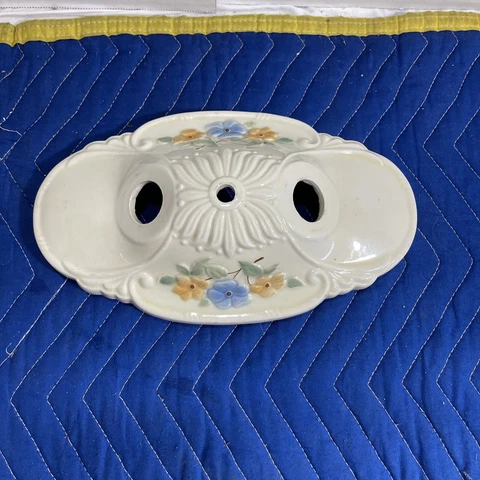 1930's Vintage Two Bulb, Flush Mount Porcelain Ceiling Light Fixture Blue Flower Cover