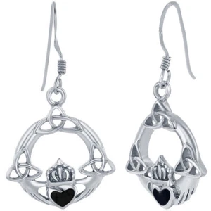 Classic Women's Earrings Sterling Silver Black Onyx Heart Celtic Claddagh D-8093 - Picture 1 of 1