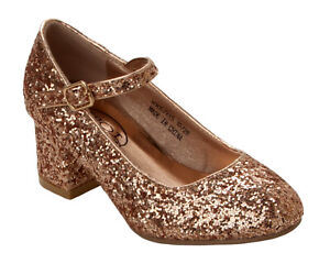 GIRLS GOLD GLITTER WEDDING PARTY FORMAL MARY JANE DOLLY SHOES UK SIZE 10-2
