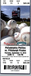 Pittsburgh Pirates vs Philadelphia Phillies 9/21/2016 Full Ticket Maikel Franco - Picture 1 of 2