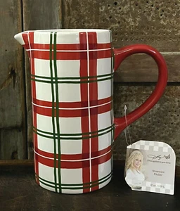 Red White Green Plaid DOLLY PARTON stoneware pottery Christmas pitcher 8" NEW! - Picture 1 of 9