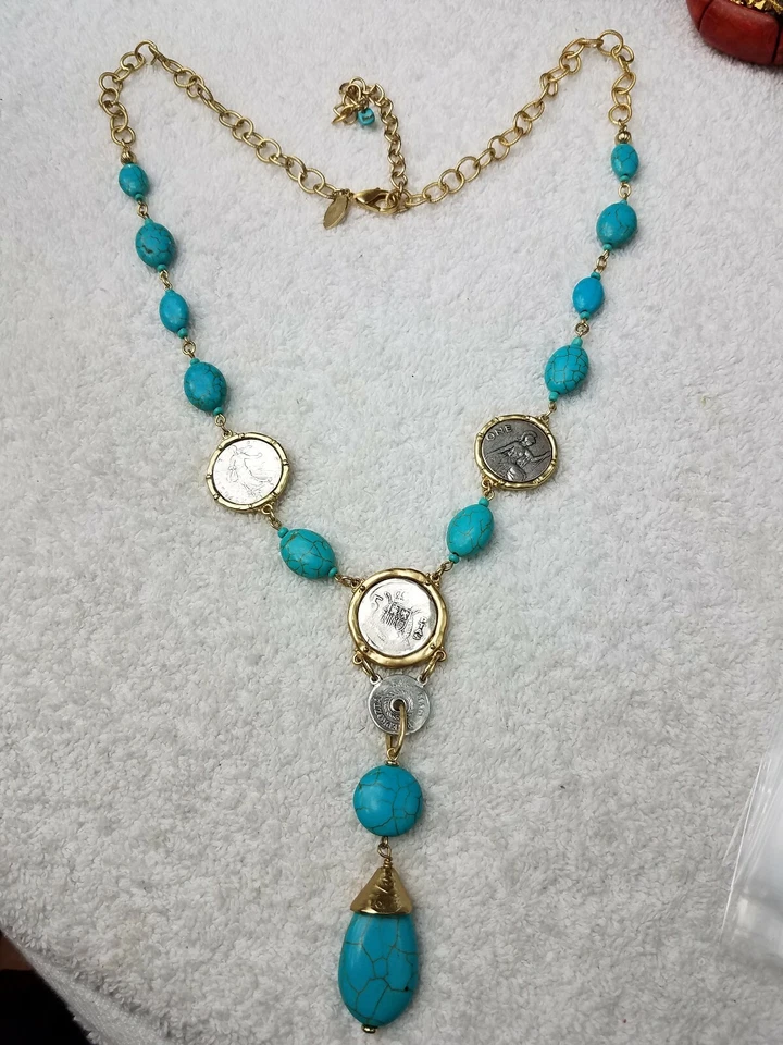 Collar Moneda Chicos Isalbella Laboratorio Cuentas Turquesa Simuladas 34" NE132 Foto 1 de 4