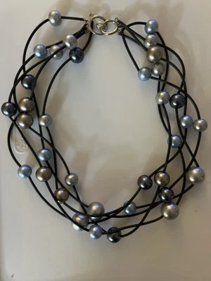 Fresh Water Multi Colored 5 Strand Pearl Chocker On black Leather Cords - Image 1 of 4