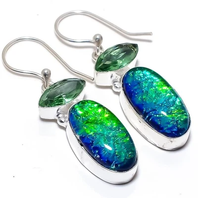 Triplet Fire Opal Gemstone Handmade 925 Sterling Silver Jewelry Earring 1.9" - Image 1 of 4