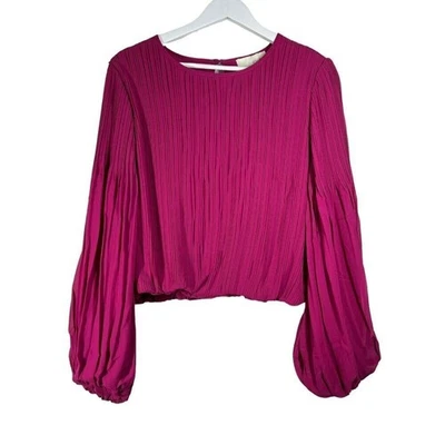 Pinch Pleated Cropped Blouse Top Size L Fuchsia Pink Balloon L/S Chiffon NWT - image 1 of 4