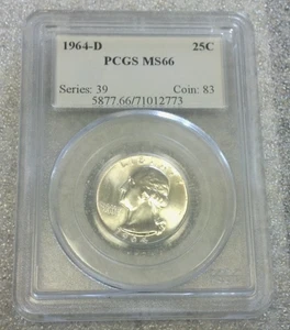 1964-D WASHINGTON SILVER QUARTER PCGS MS66 WHITE (3014) - Picture 1 of 8