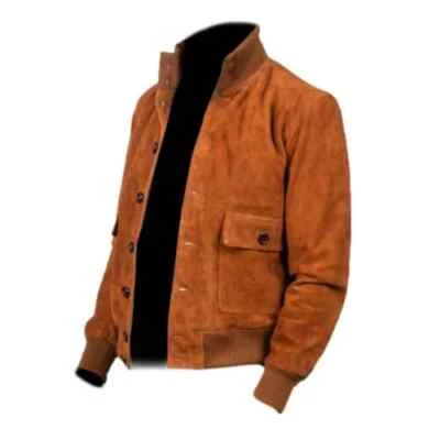 Men's Real Suede Leather Tan Brown Bomber Jacket Moto Biker Style Classic Jacket - Image 1 of 4