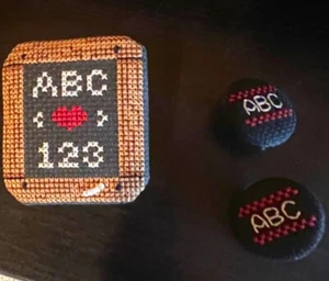 Completed Cross Stitch - ABC Pin and Matching Clip Earrings - Picture 1 of 2