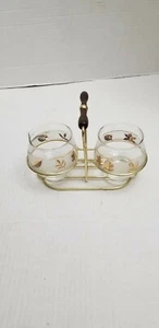 Vintage Libbey Wood Handle Caddy Frosted Glass Sugar Bowl and Creamer Gold Leaf - Picture 1 of 8