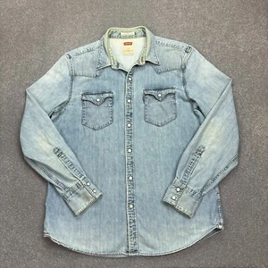 Levis Denim Shirt Womens Large Blue Sawtooth Snap Western Red Tab Rodeo Ladies - Picture 1 of 7